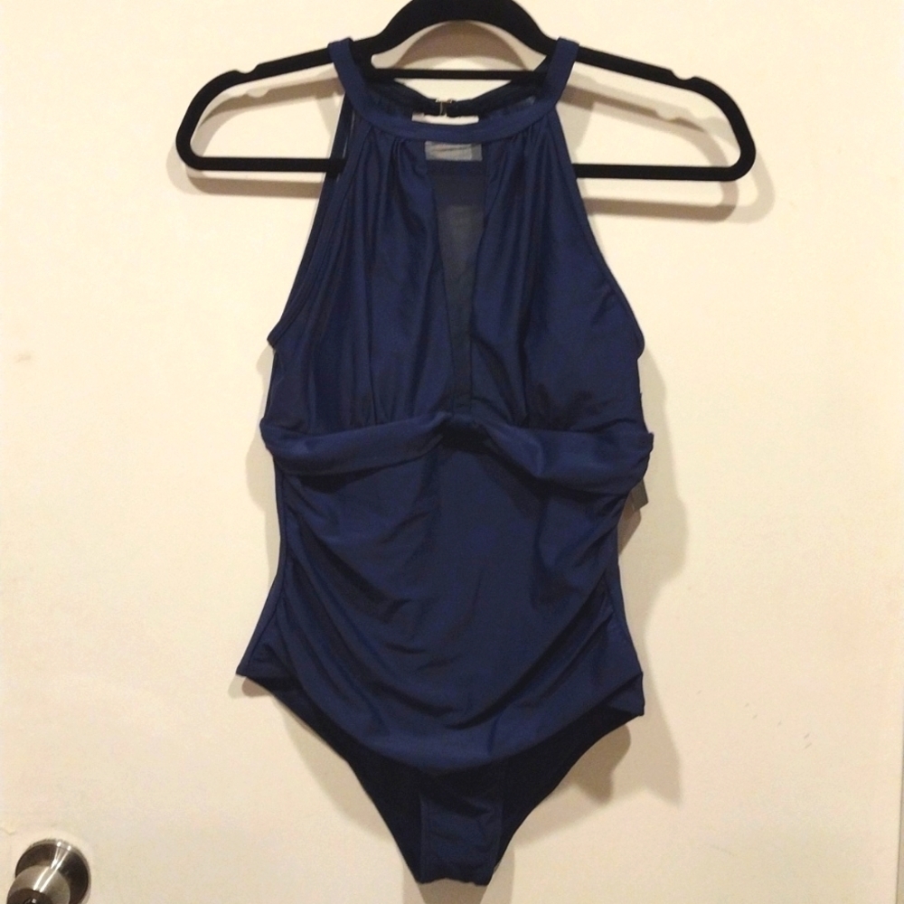 NWT Tempt Me Women's One Piece Swimsuit Navy Blue High Neck Mesh Ruched Size L